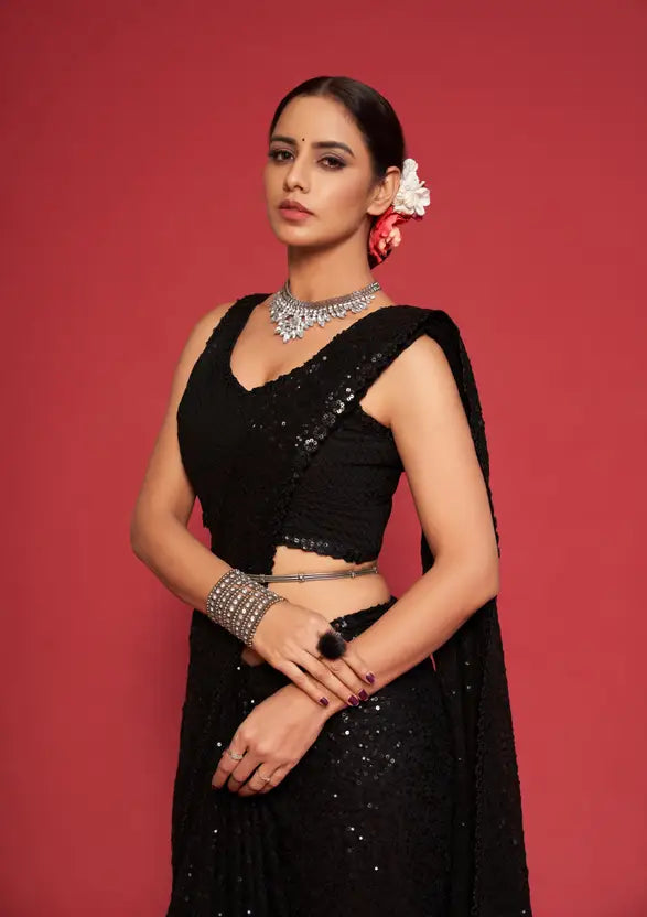 Embellished Bollywood Georgette Saree  (Black)