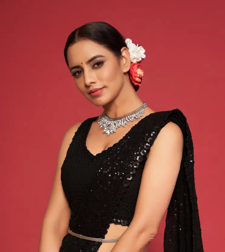 Embellished Bollywood Georgette Saree  (Black)
